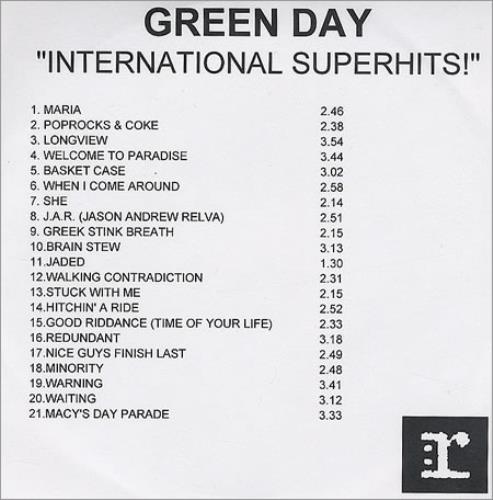 Click to view product details and reviews for Green Day International Superhits 21 Tracks 2001 Uk Cd R Acetate Cd Acetate. Click to view product details and reviews for Green Day International Superhits 21 Tracks 2001 Uk Cd R Acetate Cd Acetate.