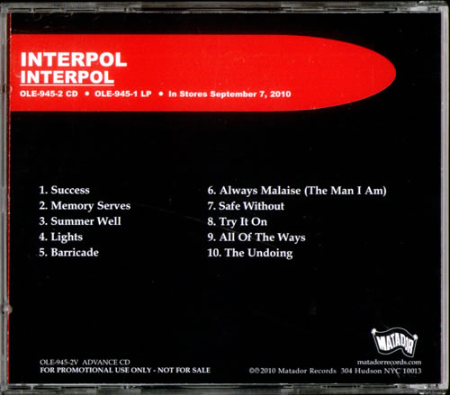 Interpol Turn On The Bright Lights 10th Anniversary Rarity