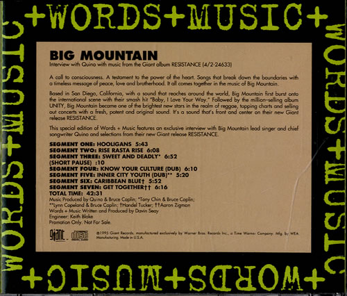 Big Mountain Words Music 1995 Usa Cd Album Pro Cd 7907