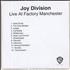 Joy Division Live At Factory Manchester CD-R acetate UK JOYCRLI692205