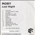 Moby Last Night CD-R acetate US MBYCRLA472438