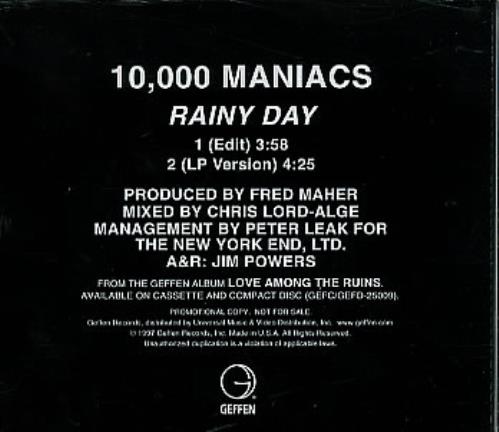 10,000 Maniacs Rainy Day CD single (CD5 / 5") US 100C5RA100560