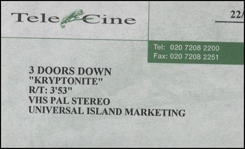 3 Doors Down Kryptonite video (VHS or PAL or NTSC) UK 3DDVIKR246125