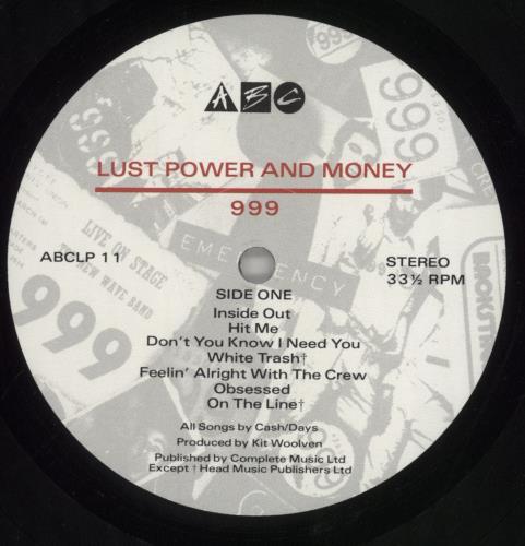 999 Lust Power And Money vinyl LP album (LP record) UK 999LPLU860045