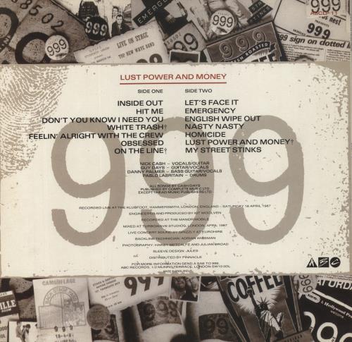 999 Lust Power And Money vinyl LP album (LP record) UK 999LPLU860045