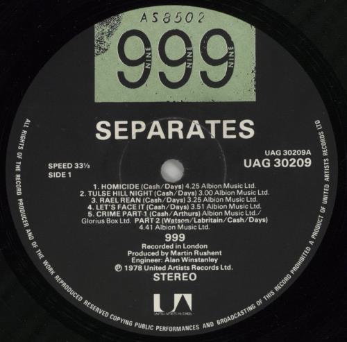 999 Separates vinyl LP album (LP record) UK 999LPSE518438