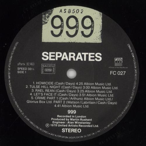 999 Separates vinyl LP album (LP record) French 999LPSE859969