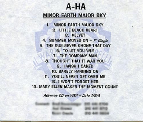 A-Ha Minor Earth Major Sky CD-R acetate US AHACRMI161933