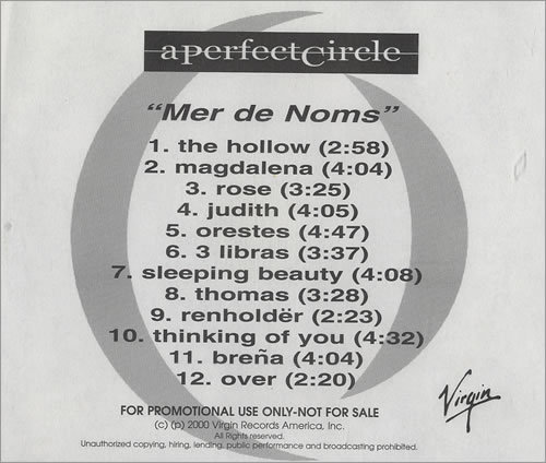 A Perfect Circle Mer De Noms CD-R acetate US PFCCRME159934