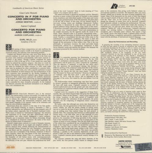 Aaron Copland Piano Concerto - 180gm - Sealed vinyl LP album (LP record) US APJLPPI881130