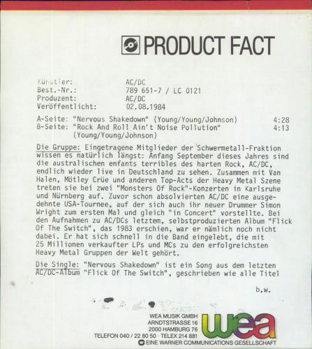 AC/DC Nervous Shakedown - PR- Copy + Insert 7" vinyl single (7 inch record / 45) German ACD07NE807635