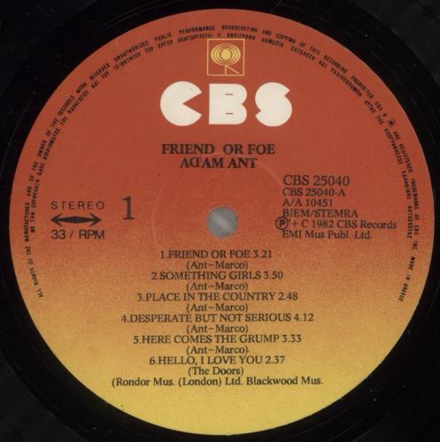 Adam Ant Friend Or Foe vinyl LP album (LP record) Greek A~ALPFR695132