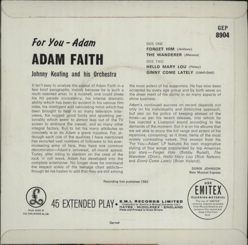 Adam Faith For You - Adam - VG 7" vinyl single (7 inch record / 45) UK ADF07FO679647
