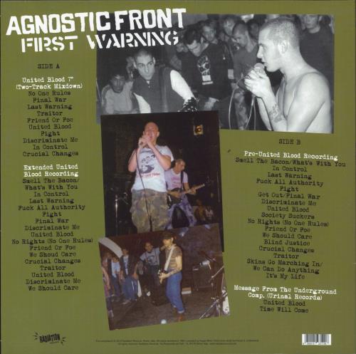 Agnostic Front First Warning - The 'United Blood' Era Recordings, New York City, 1983 vinyl LP album (LP record) Italian FR2LPFI832015