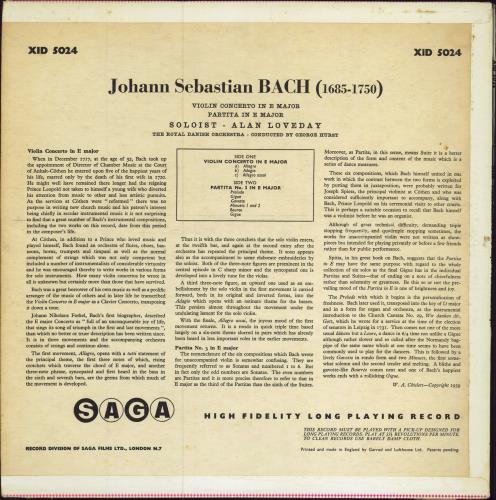 Alan Loveday Bach: Violin Concerto in E Major / Partita in E Major vinyl LP album (LP record) UK 39BLPBA783796