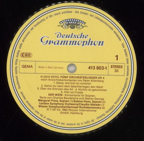 Alban Berg ltenberg-Lieder / Lulu-Suite / Der Wein vinyl LP album (LP record) German A5ZLPLT859740