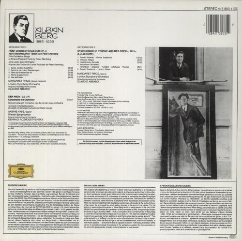 Alban Berg ltenberg-Lieder / Lulu-Suite / Der Wein vinyl LP album (LP record) German A5ZLPLT859740