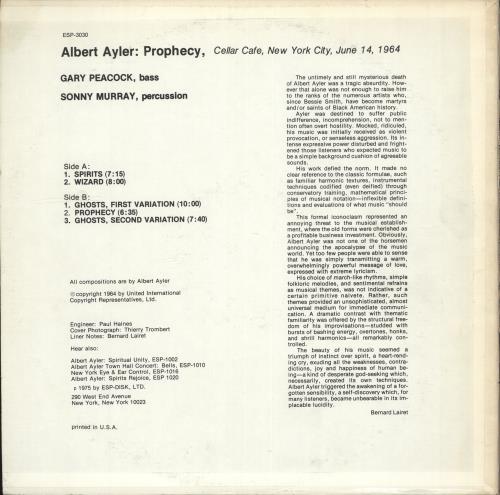 Albert Ayler Prophecy vinyl LP album (LP record) US AYLLPPR459350