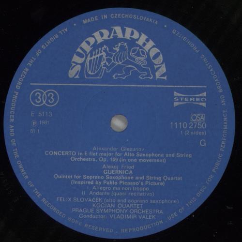 Alexander Konstantinovich Glazunov Glazunov: Koncert Pro Saxofon / Fried: Koncert C�2 Pro Klarinet / Guernica vinyl LP album (LP record) Czech GGVLPGL879508