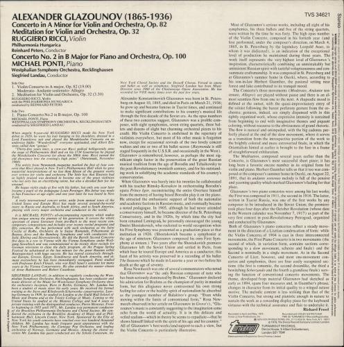 Alexander Konstantinovich Glazunov Glazunov: Violin Concerto / Meditation For Violin And Orchestra / Piano Concerto No. 2 vinyl LP album (LP record) UK GGVLPGL879479