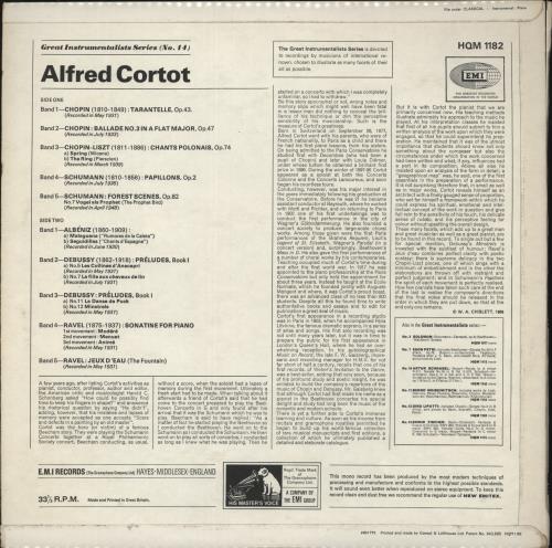 Alfred Cortot Works By Chopin  Debussy  Ravel  Schumann vinyl LP album (LP record) UK H8FLPWO863794