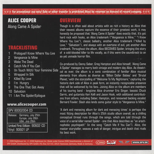 Alice Cooper Along Came A Spider CD album (CDLP) German COOCDAL445644