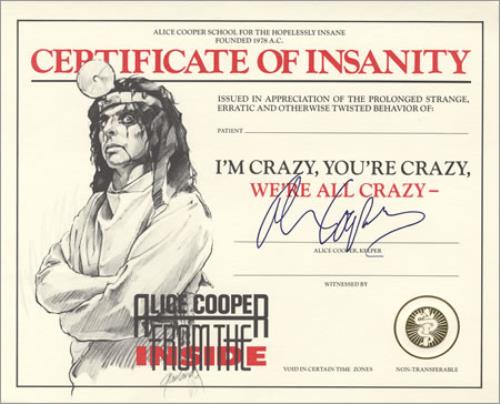 Alice Cooper Certificate Of Insanity memorabilia UK COOMMCE401715