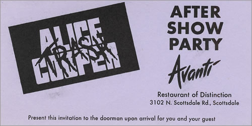 Alice Cooper Trash - After Show Party Invitation handbill US COOHBTR401707