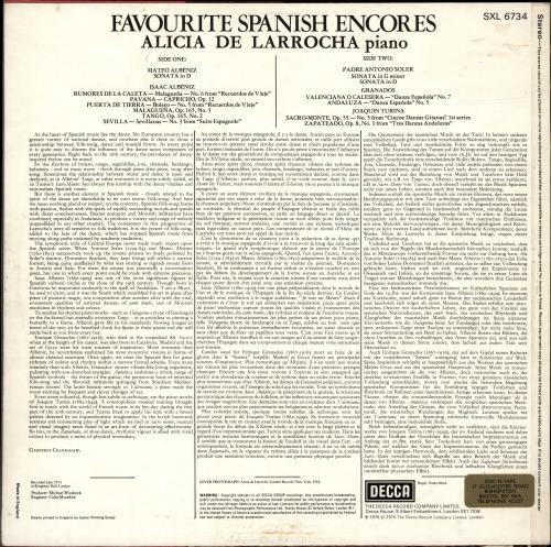 Alicia De Larrocha Favourite Spanish Encores vinyl LP album (LP record) UK H1ILPFA700873
