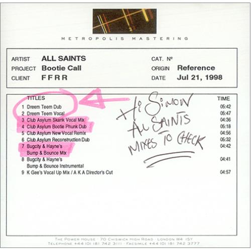 All Saints Bootie Call CD-R acetate UK ASACRBO416843