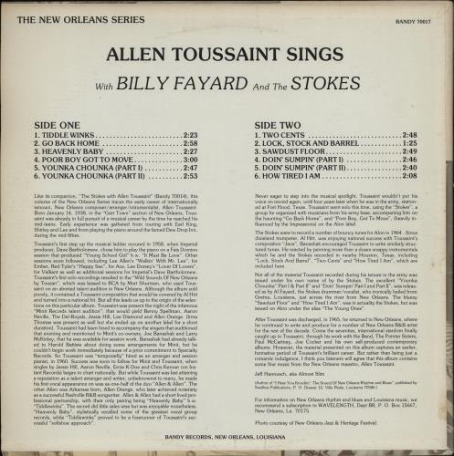 Allen Toussaint Allen Toussaint Sings With Billy Fayard & The Stokes vinyl LP album (LP record) US AT5LPAL756729