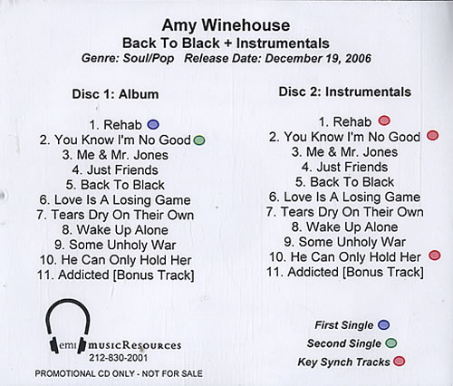 Amy Winehouse Back To Black + Instrumentals CD-R acetate US AWECRBA483392