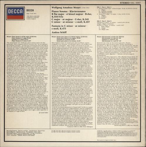 Andras Schiff Mozart Piano Sonatas vinyl LP album (LP record) UK H4GLPMO773444