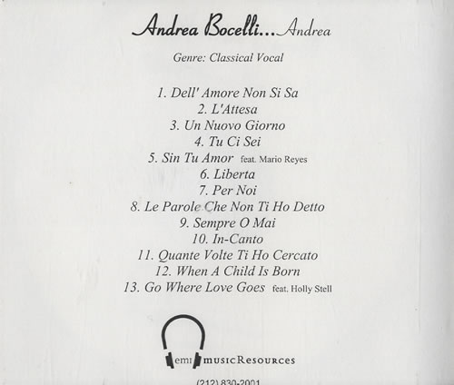 Andrea Bocelli Andrea CD-R acetate US ABLCRAN460777