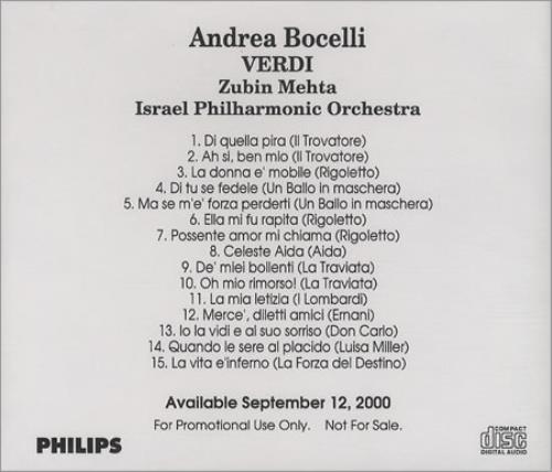 Andrea Bocelli Verdi CD-R acetate US ABLCRVE163813