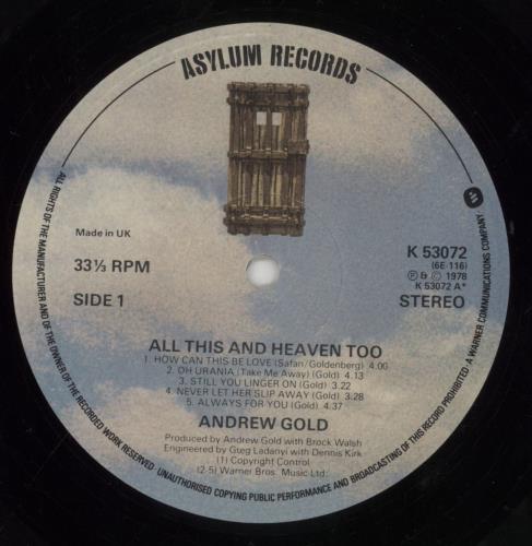 Andrew Gold All This And Heaven Too vinyl LP album (LP record) UK ADWLPAL299665