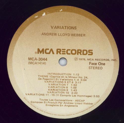 Andrew Lloyd Webber Variations + 7" vinyl LP album (LP record) Canadian ALWLPVA827399