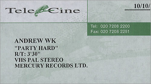 Andrew W.K. Party Hard video (VHS or PAL or NTSC) UK AWKVIPA270620