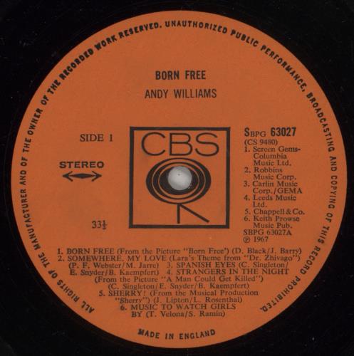 Andy Williams Born Free vinyl LP album (LP record) UK AWILPBO523136