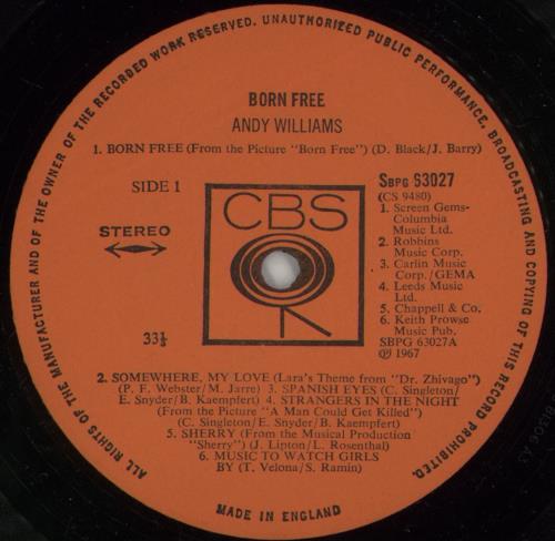 Andy Williams Born Free vinyl LP album (LP record) UK AWILPBO869018
