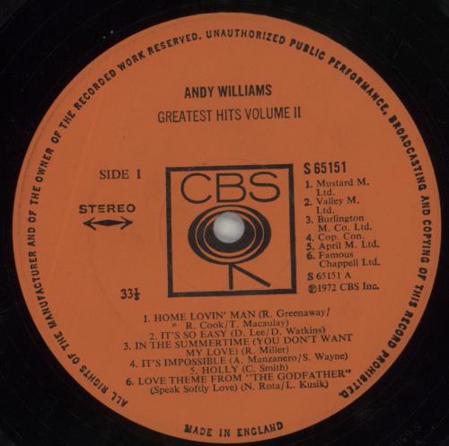 Andy Williams Greatest Hits Volume 2 - 1st vinyl LP album (LP record) UK AWILPGR563916