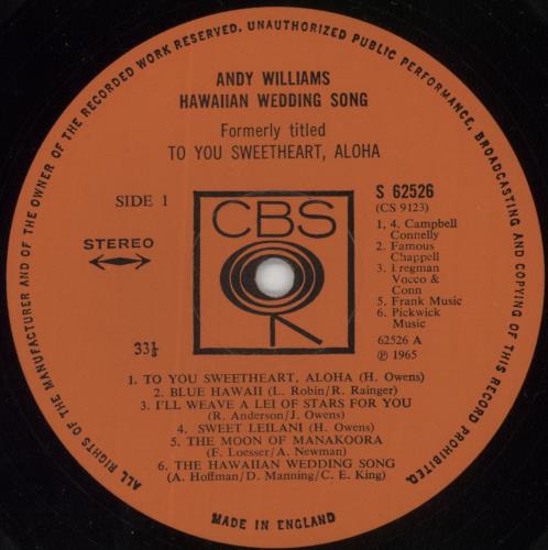 Andy Williams Hawaiian Wedding Song vinyl LP album (LP record) UK AWILPHA849108
