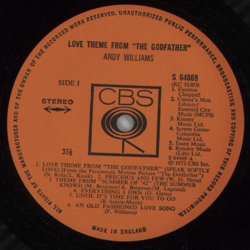 Andy Williams Love Theme From 'The Godfather' vinyl LP album (LP record) UK AWILPLO473836