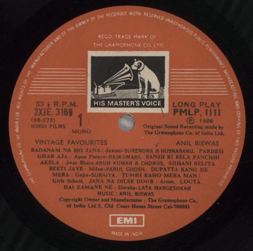 Anil Biswas Vintage Favourites vinyl LP album (LP record) Indian 6P8LPVI885745