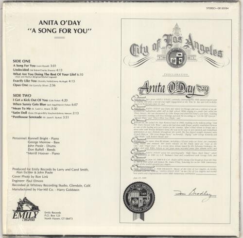 Anita O'Day A Song For You vinyl LP album (LP record) US AODLPAS711649