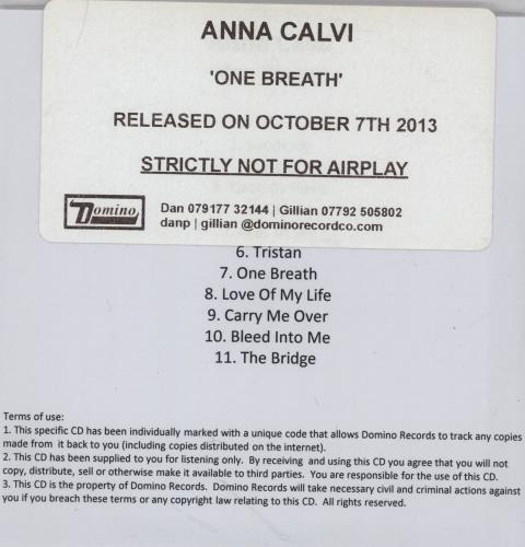 Anna Calvi One Breath CD-R acetate UK A2PCRON761826