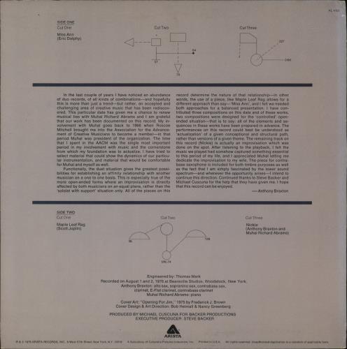 Anthony Braxton Duets 1976 vinyl LP album (LP record) US A1SLPDU887202