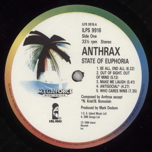 Anthrax State Of Euphoria + insert vinyl LP album (LP record) UK ANXLPST573188