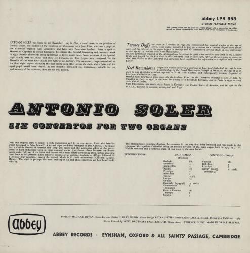 Antonio Soler Six Concertos For Two Organs vinyl LP album (LP record) UK G5XLPSI763351