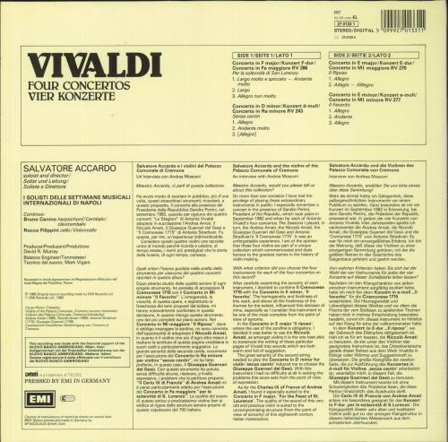 Antonio Vivaldi Four Concertos / Vier Konzerte vinyl LP album (LP record) German VI2LPFO806904